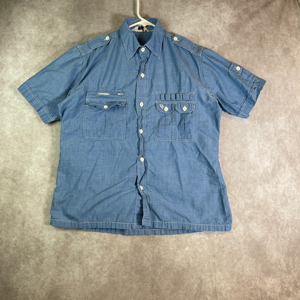 VTG Christian Dior Monsieur Camp Shirt Mens Medium Blue Short Sleeve Button Up